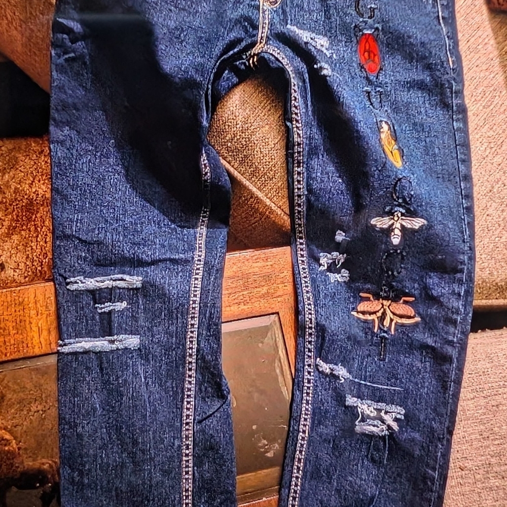 Gucci Men's Straight Jeans - Blue with Embroidered Accents